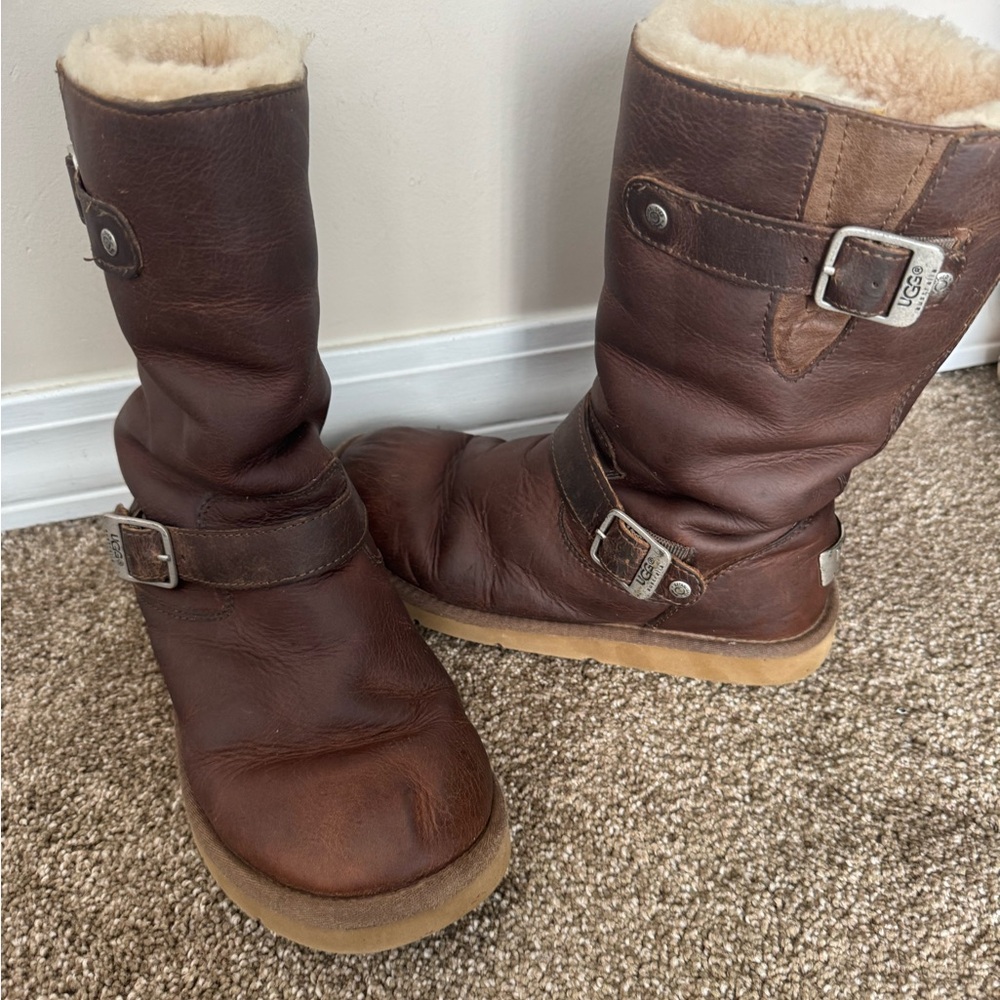 UGG Chestnut Leather Boots with Buckle Accents